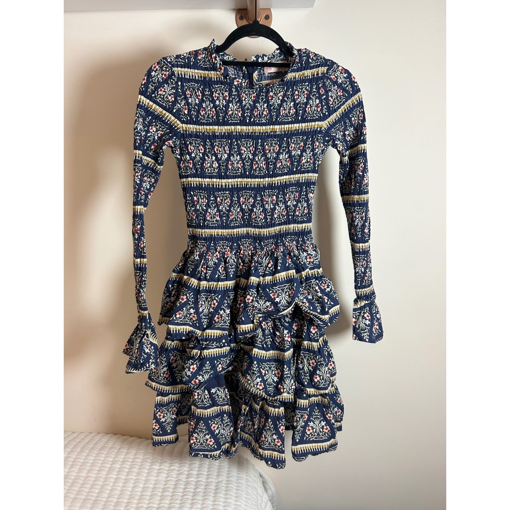 Ivy City Co Navy Blue Floral Smocked‎ Tiered Ruffle Mini Dress Long Sleeve XS